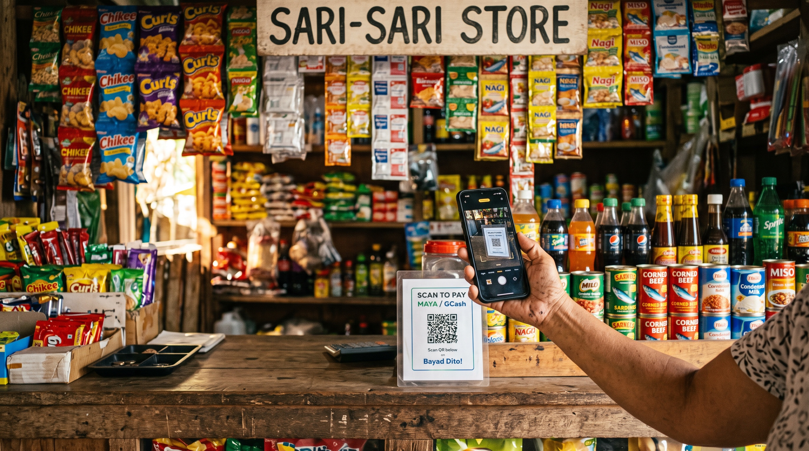 A customer scanning a QR code sticker to pay at a small Filipino sari-sari store counter
