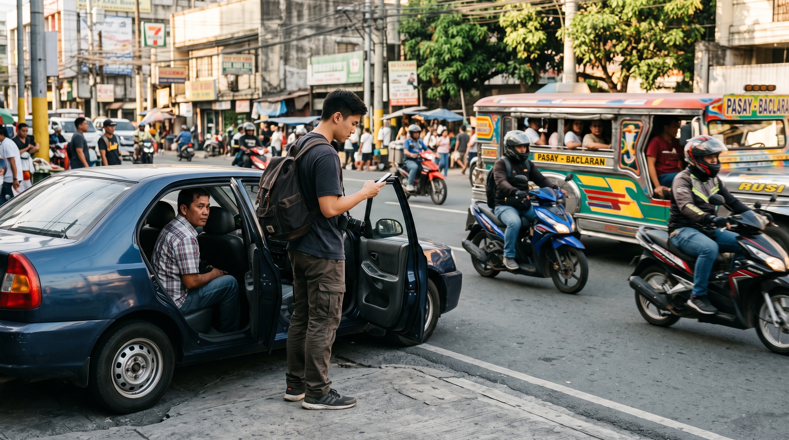 A Grab passenger checking a ride-hailing map on a smartphone while a driver waits curbside on a busy Metro Manila street