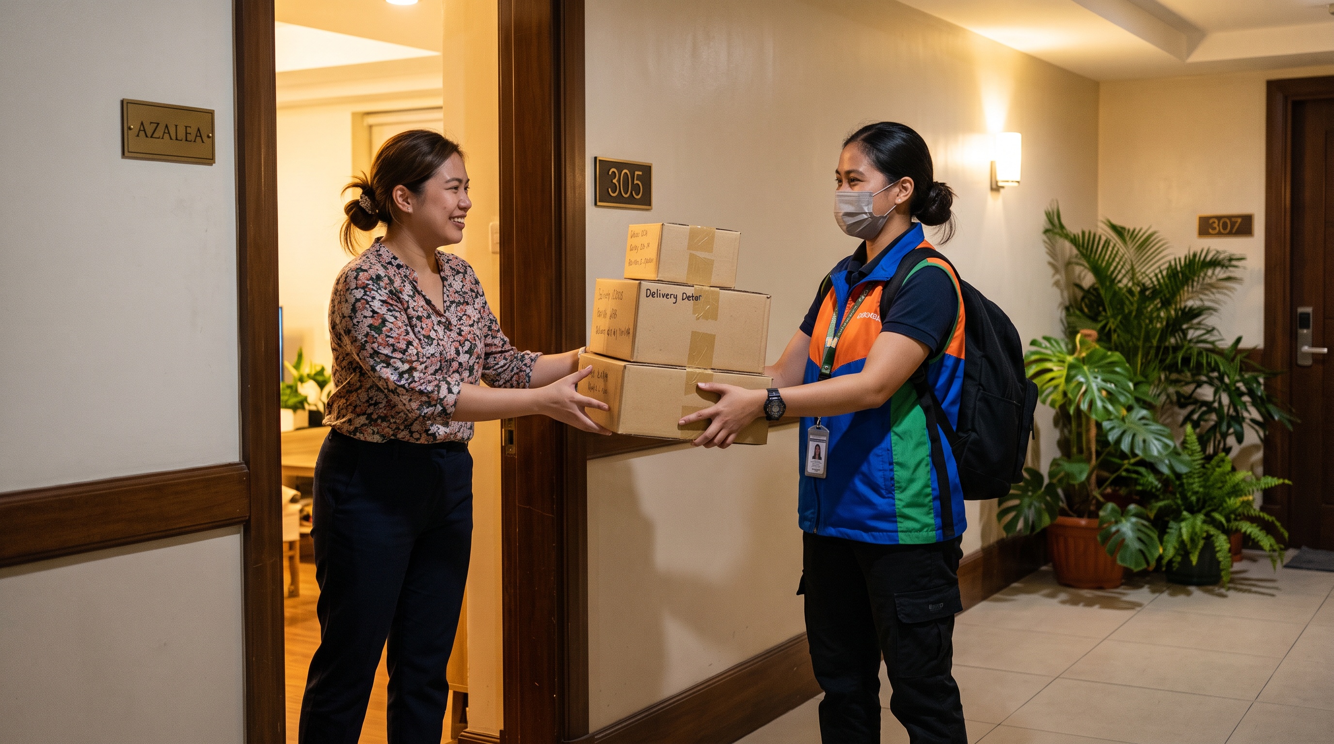 A courier handing a stack of Shopee and Lazada delivery parcels to a resident at a condo doorway in the Philippines