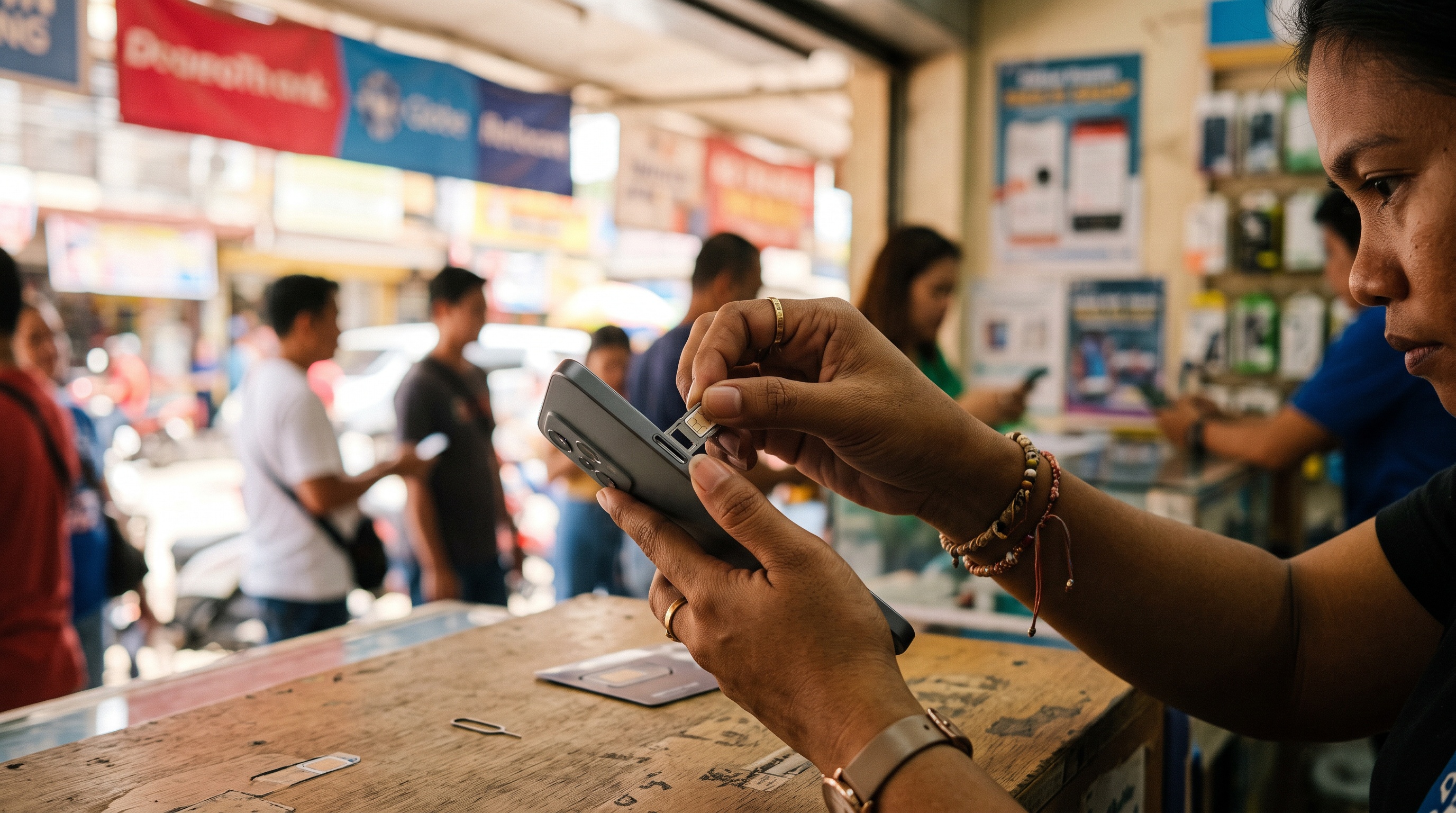 A shop attendant helping a customer insert a local SIM card into a smartphone at a Philippine mobile phone stall