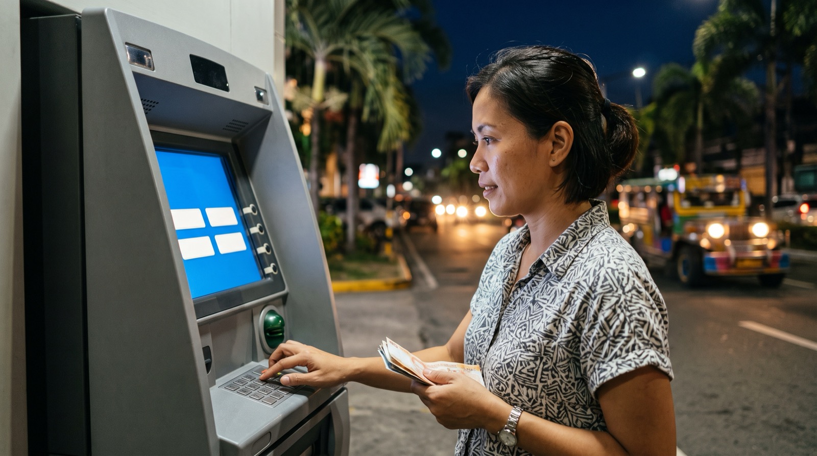 Withdrawing cash at a street ATM in Metro Manila