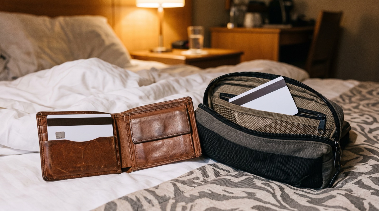 A primary debit card in a wallet and a backup card stored in a separate pouch