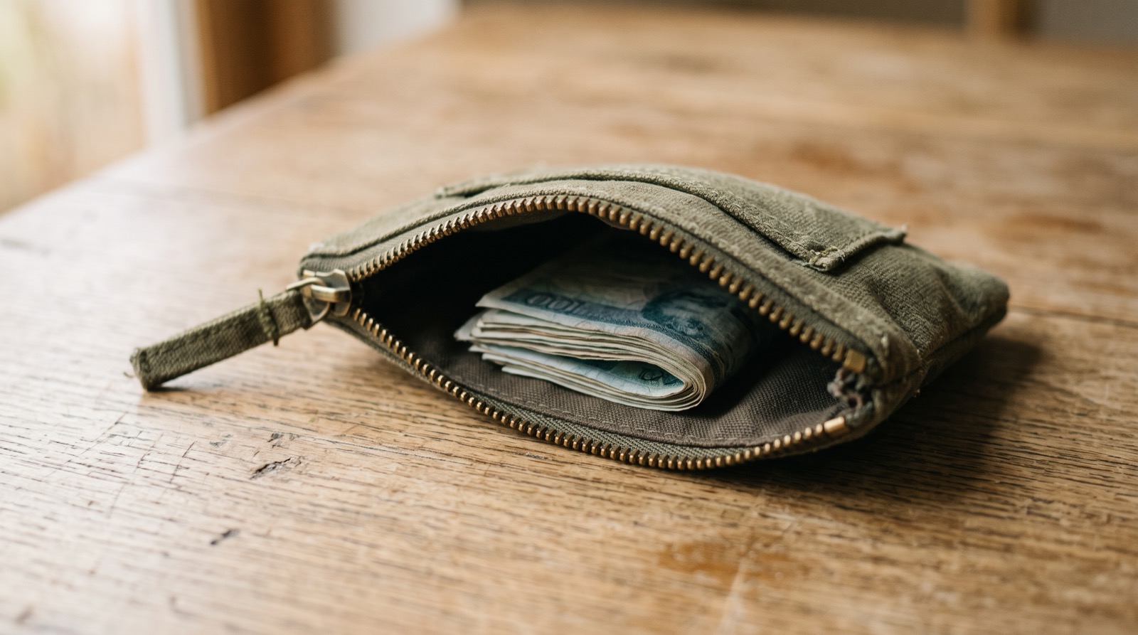 A small cash reserve kept in a zippered pouch, separate from everyday spending