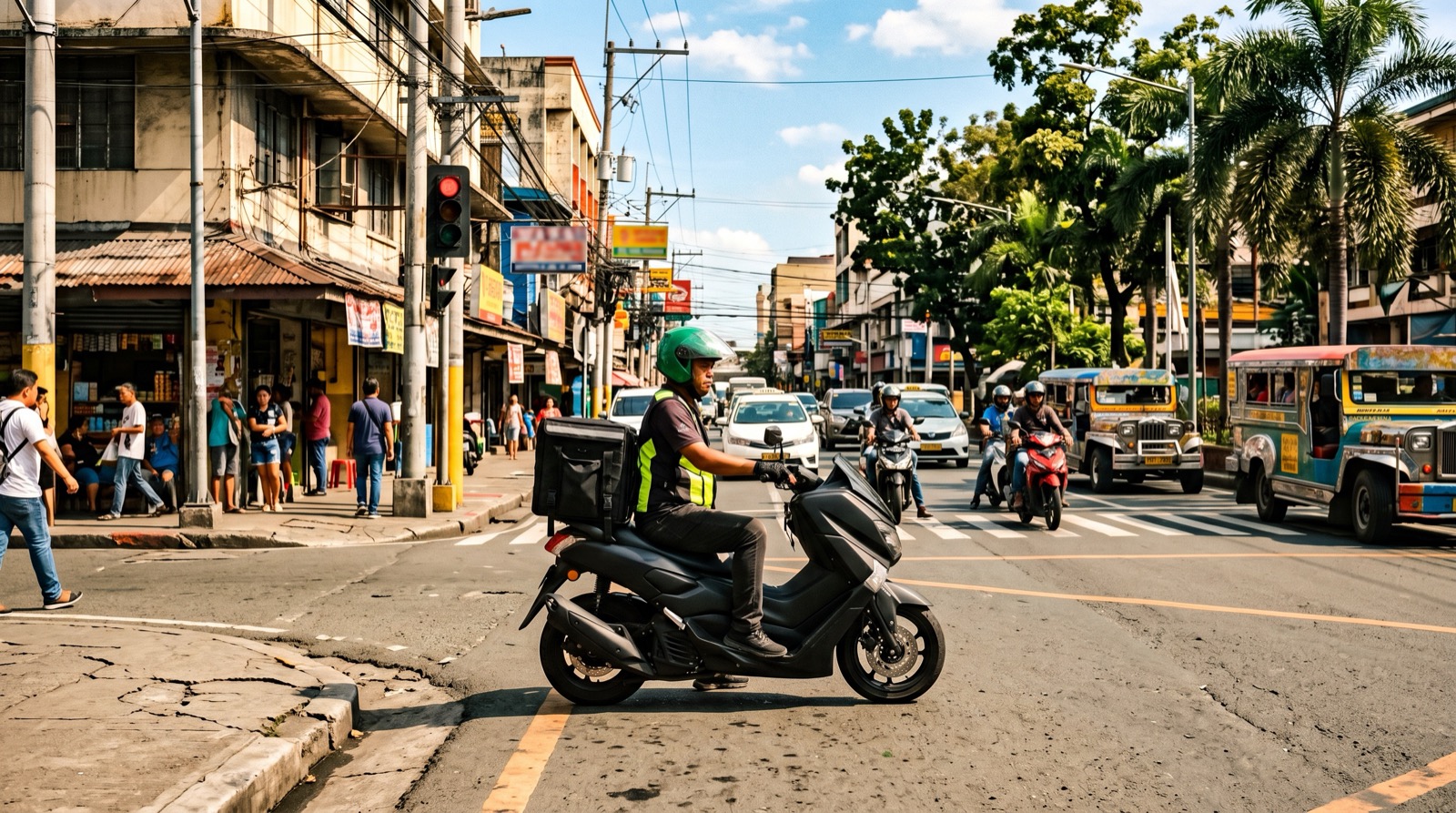 A motorcycle courier on a Manila street with jeepneys in the background