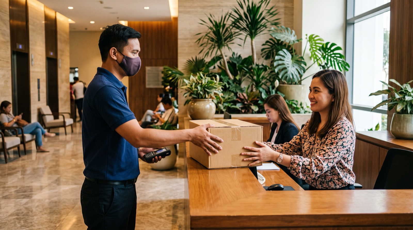 A courier dropping a package at a Philippine condo lobby