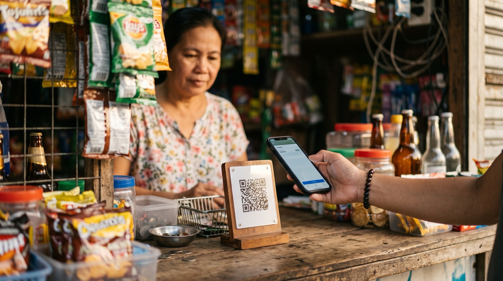 Paying at a sari-sari store with a phone and QR code