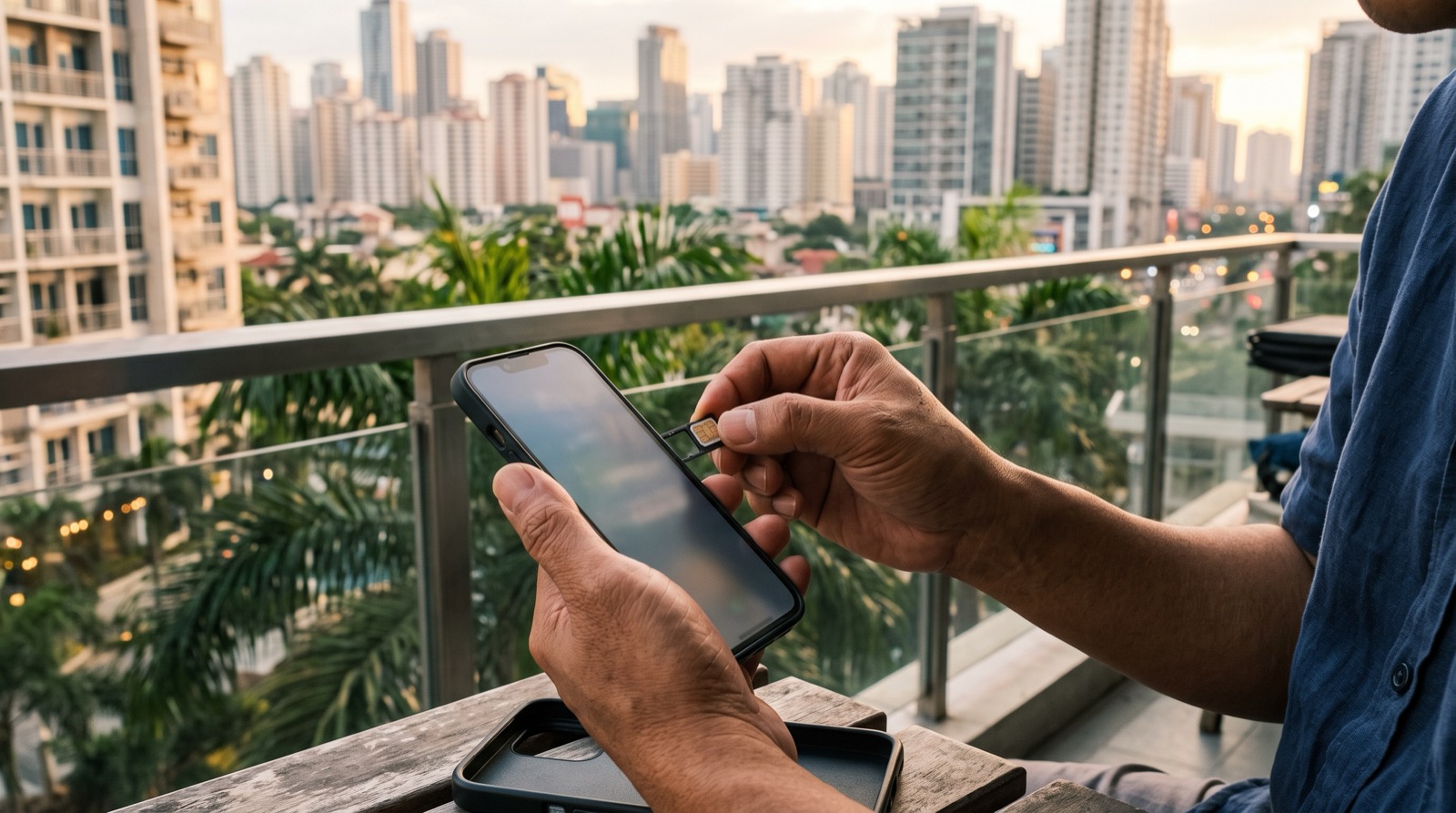 Setting up a local SIM card in a dual-SIM phone on a balcony in Metro Manila