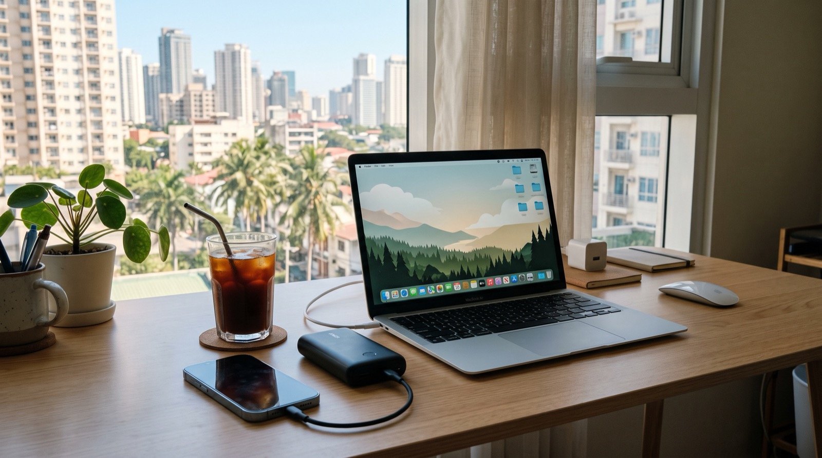A condo workspace with a laptop, phone hotspot, and power bank overlooking palm trees