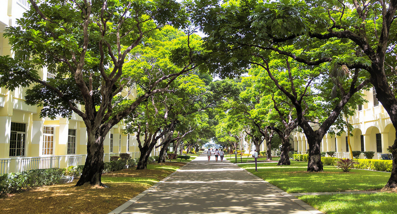 A tree-lined walkway on a Philippine university campus
