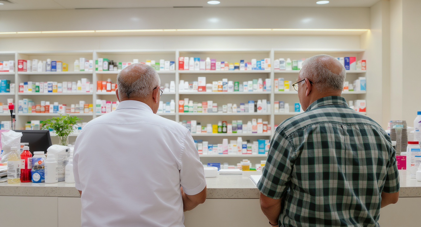 Seniors at a neighborhood pharmacy counter in the Philippines