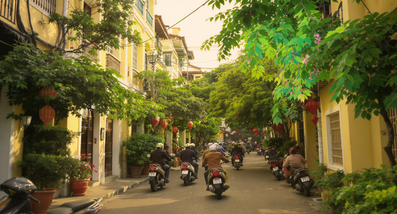 A quiet street in Hanoi with motorbikes and yellow colonial buildings